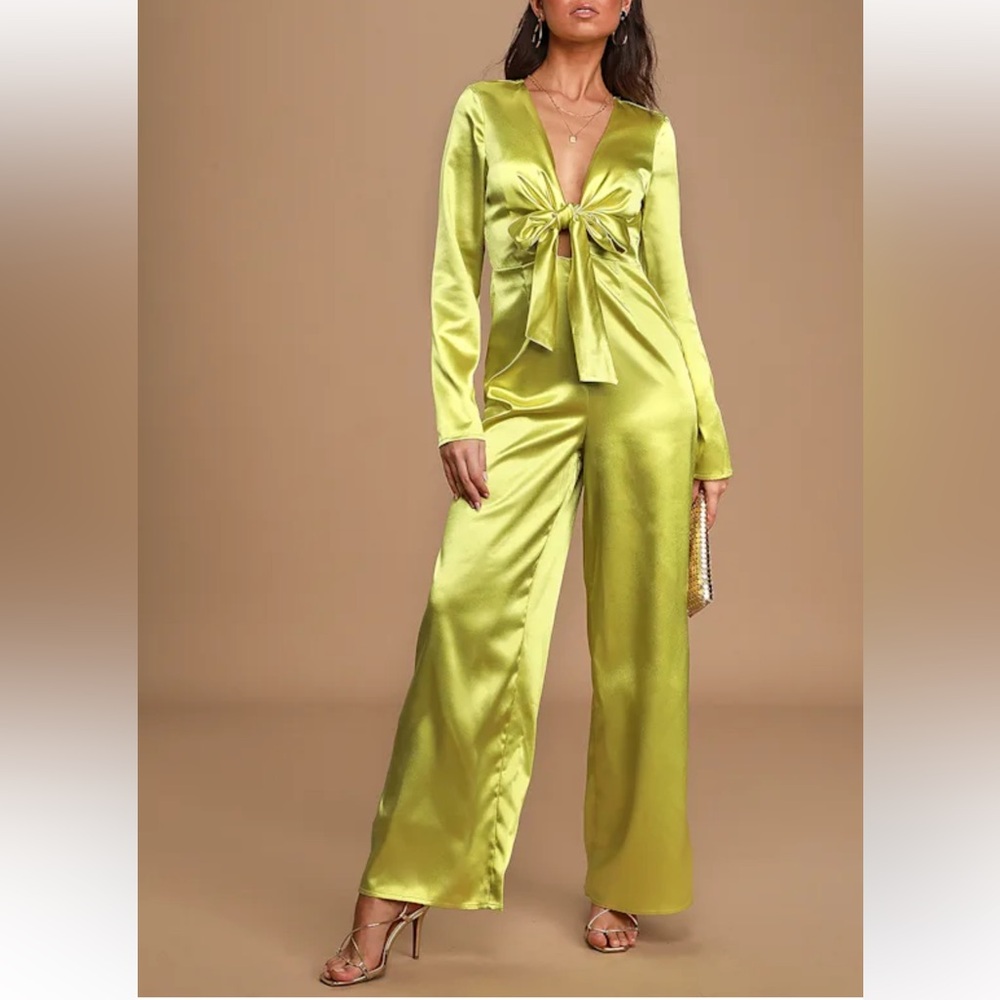 Satin Lime Green Jumpsuit Long sleeve tie-front NEVER WORN